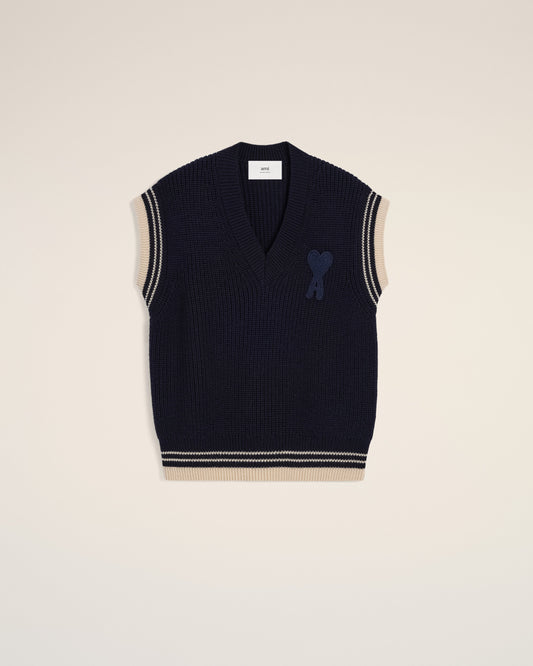 Navy Wool Ribbed Sleeveless V Neck Sweater