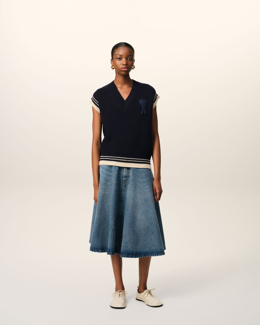 Navy Wool Ribbed Sleeveless V Neck Sweater