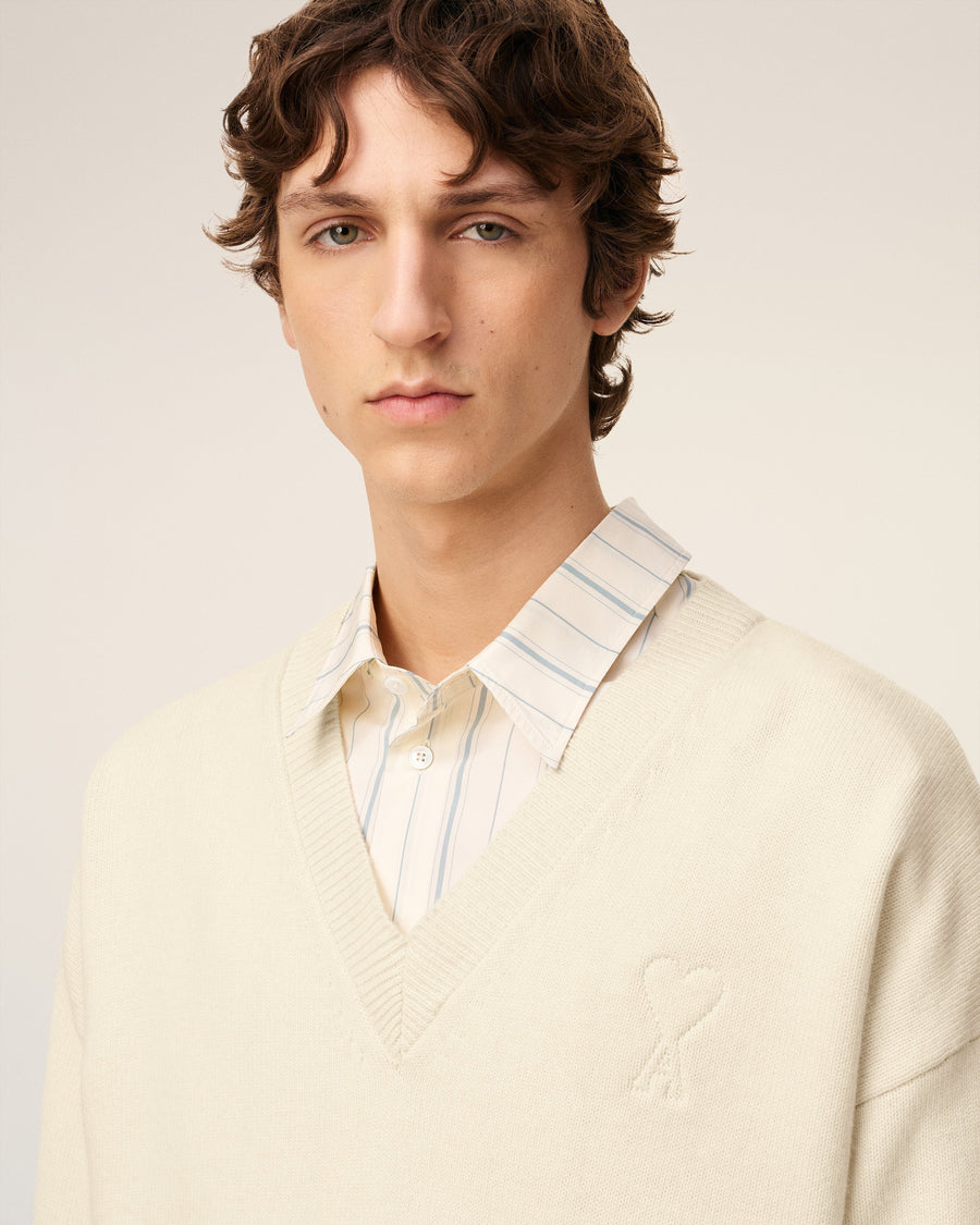 White Wool Ami De Coeur V Neck Sweater