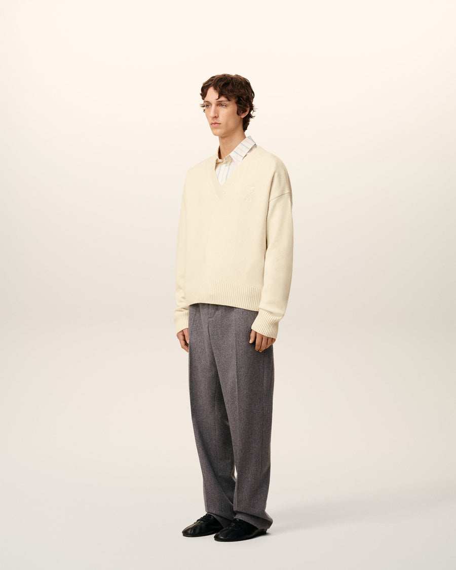 White Wool Ami De Coeur V Neck Sweater