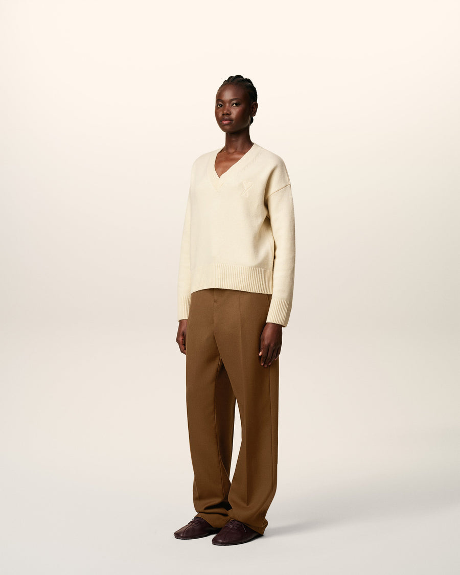 White Wool Ami De Coeur V Neck Sweater