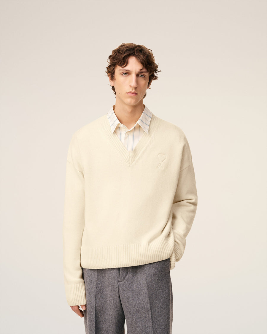 White Wool Ami De Coeur V Neck Sweater