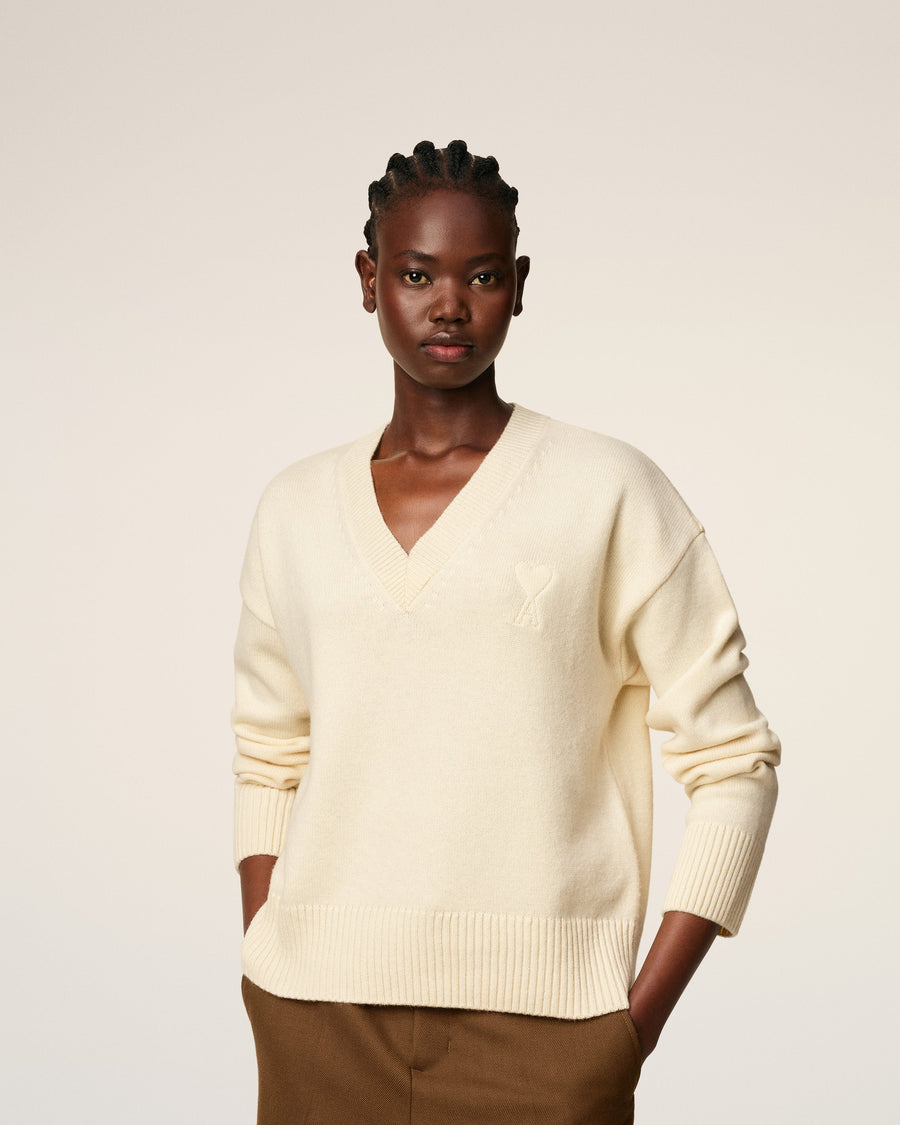 White Wool Ami De Coeur V Neck Sweater
