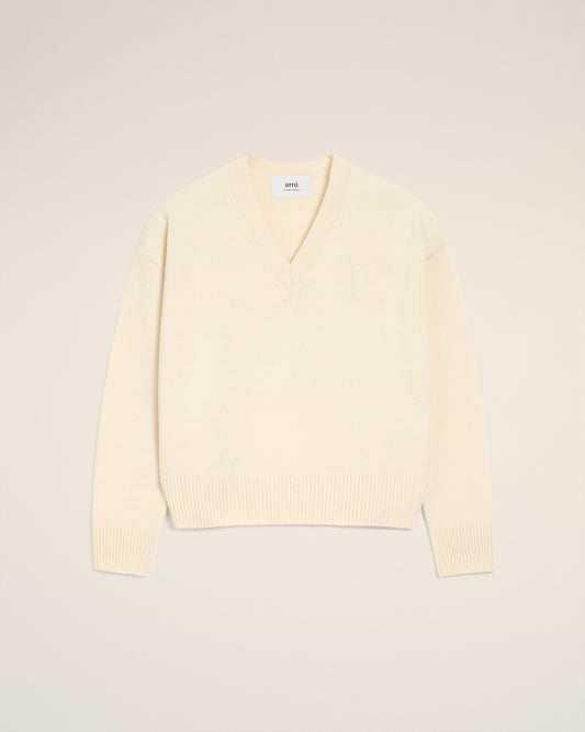 White Wool Ami De Coeur V Neck Sweater