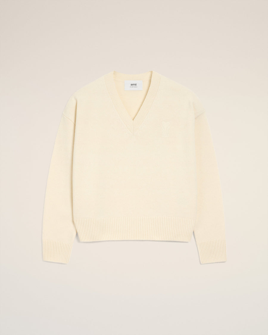 White Wool Ami De Coeur V Neck Sweater