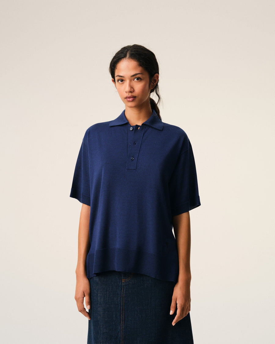 Blue Thin Wool Short Sleeves Ami De Coeur Polo