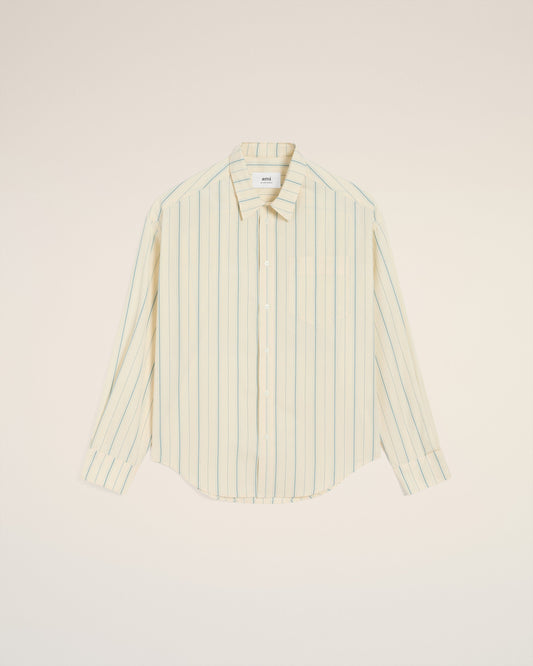 Beige Cotton  Boxy Fit Striped Shirt