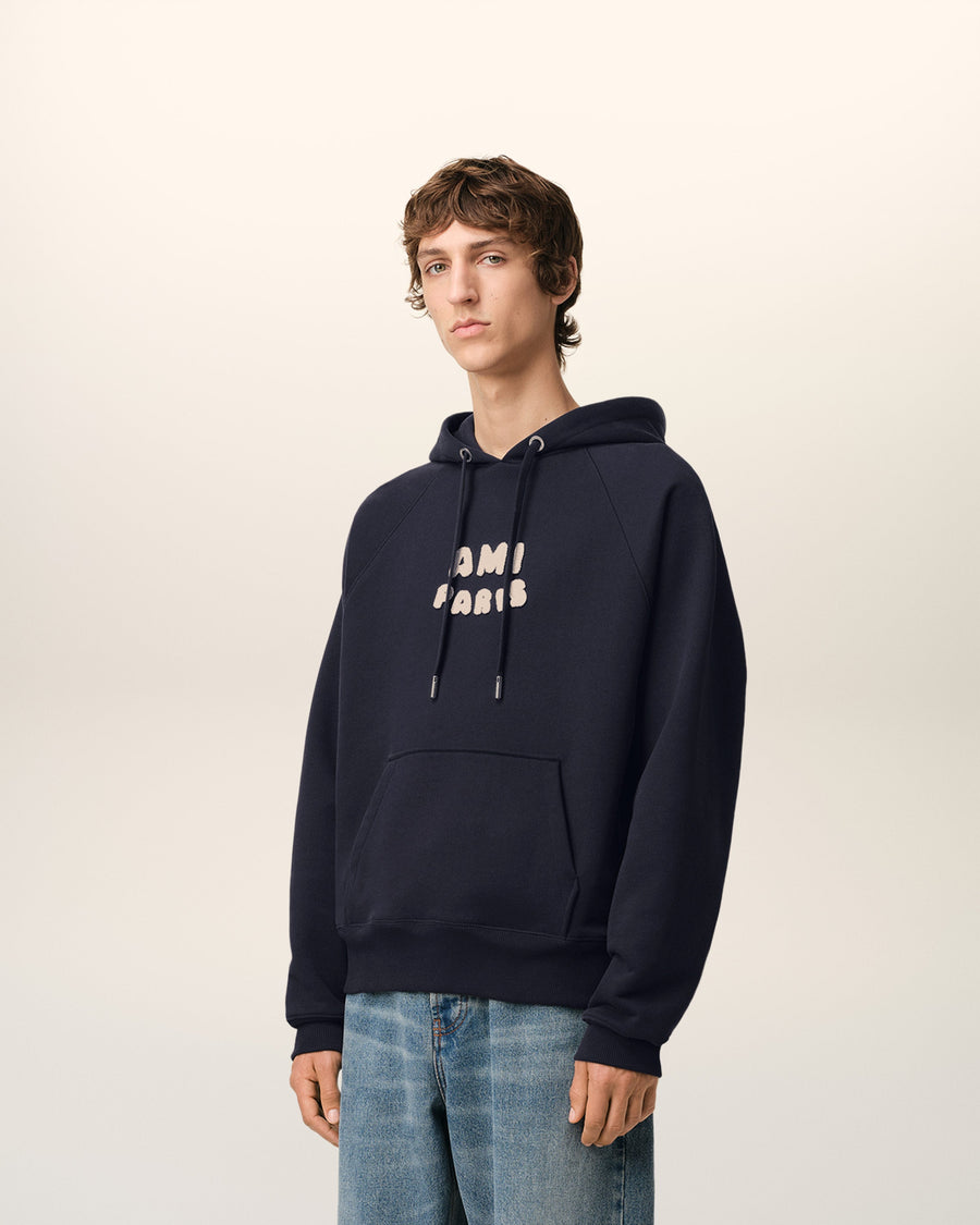 Navy Cotton Hoodie With Ami Paris Patch