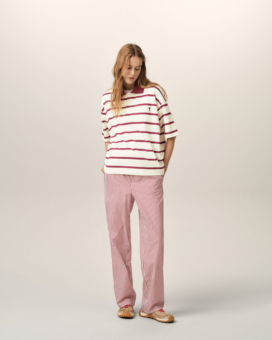 White elasticated-waist striped cotton trousers