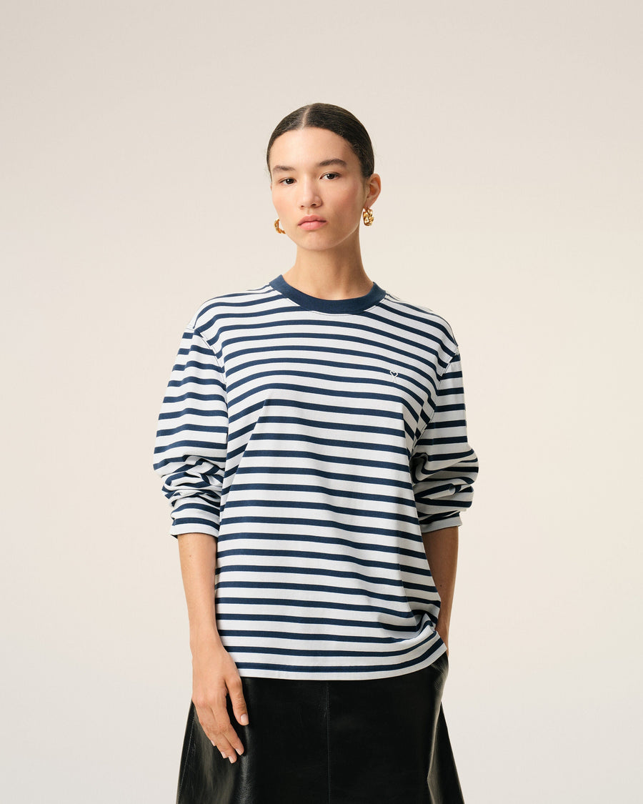 Blue Cotton Long Sleeves Mariniere Ami De Coeur T-shirt