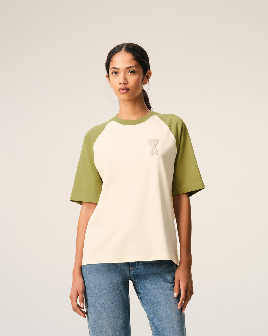 White And Green Cotton Ami De Coeur Knitted Patch T-shirt